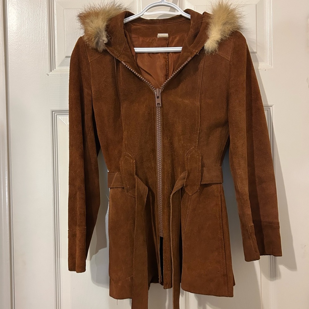 100% suede vintage hooded zip jacket Hideaway brand